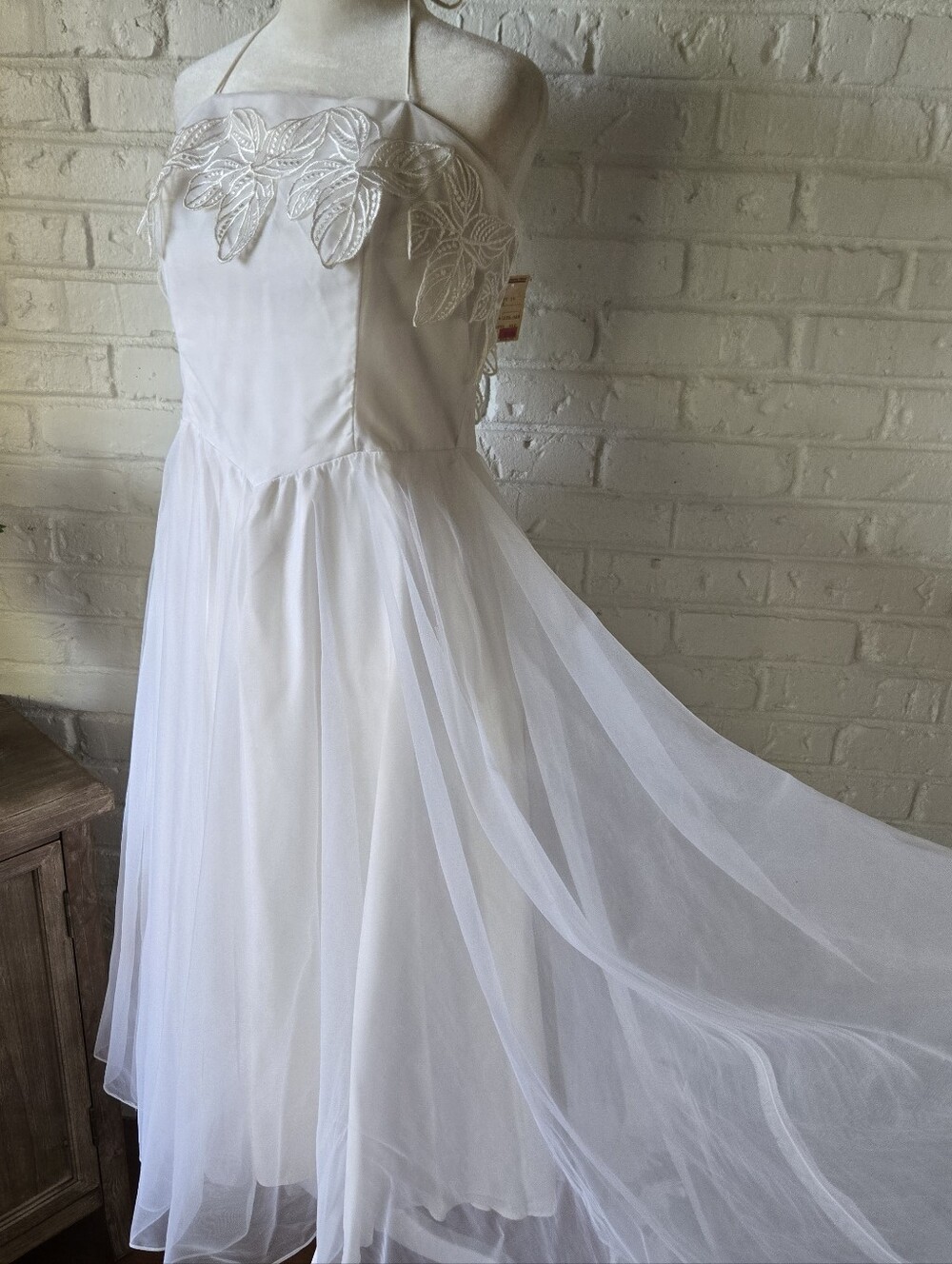 NWT Vintage 70s 80s Embroidered Leaf Motif Tea Dress, Wedding, Party, Bridal, S